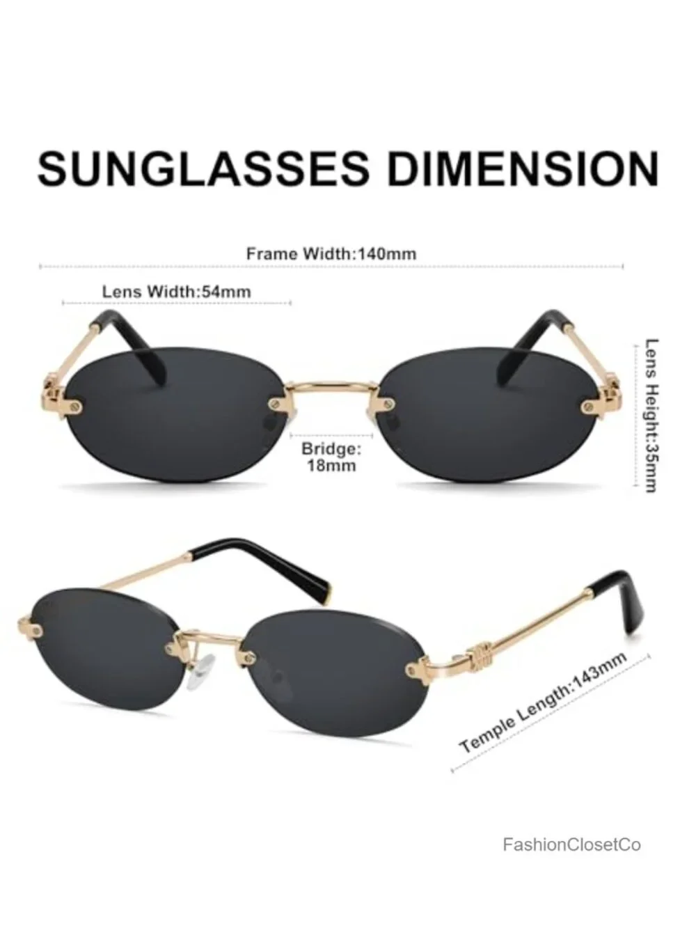 Retro Oval Rimless Sunglasses UV400 Gold Metal Frame Vintage Unisex
